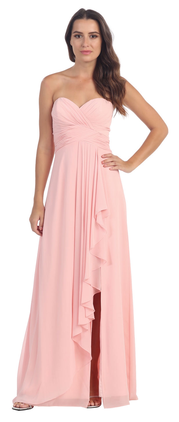 Strapless Pleated & Ruffled Long Bridesmaid Dress  — in Blush