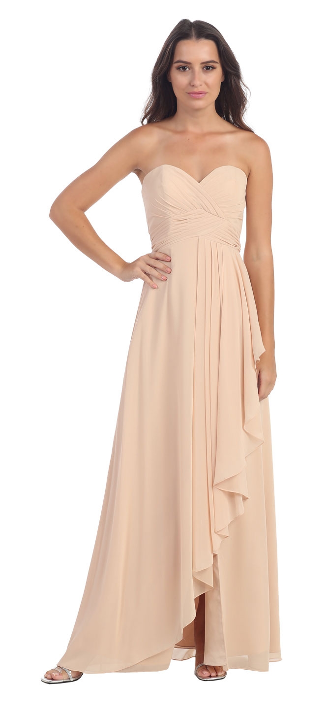Strapless Pleated & Ruffled Long Bridesmaid Dress  — in Champaign