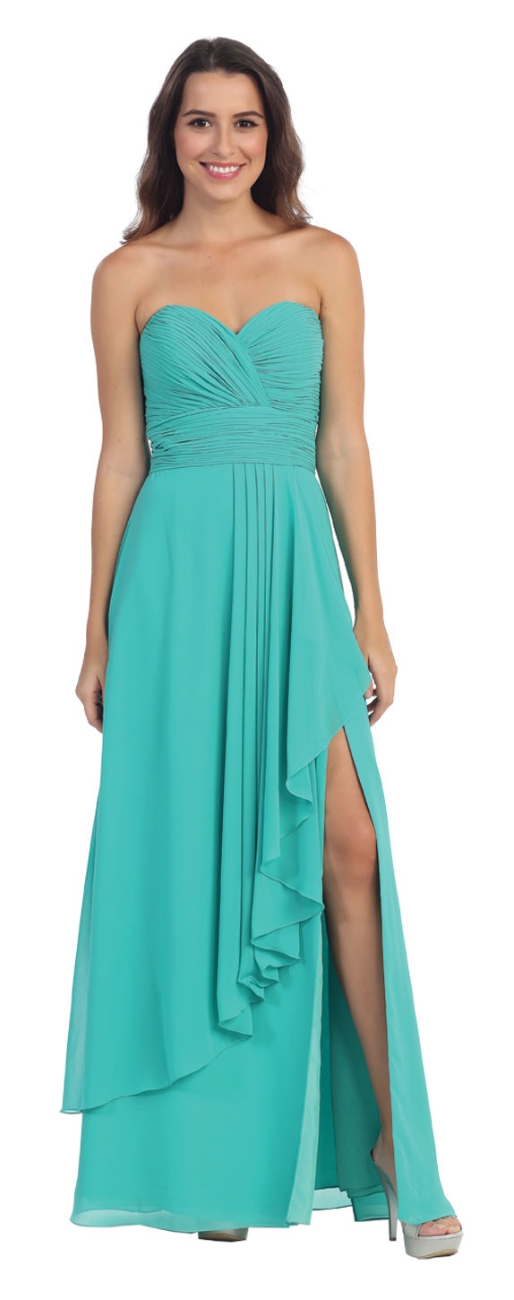 Strapless Pleated & Ruffled Long Bridesmaid Dress  — in Jade Green