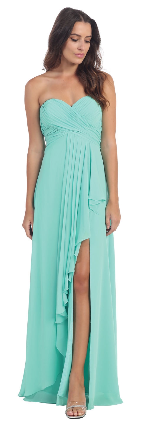 Strapless Pleated & Ruffled Long Bridesmaid Dress  — in Mint