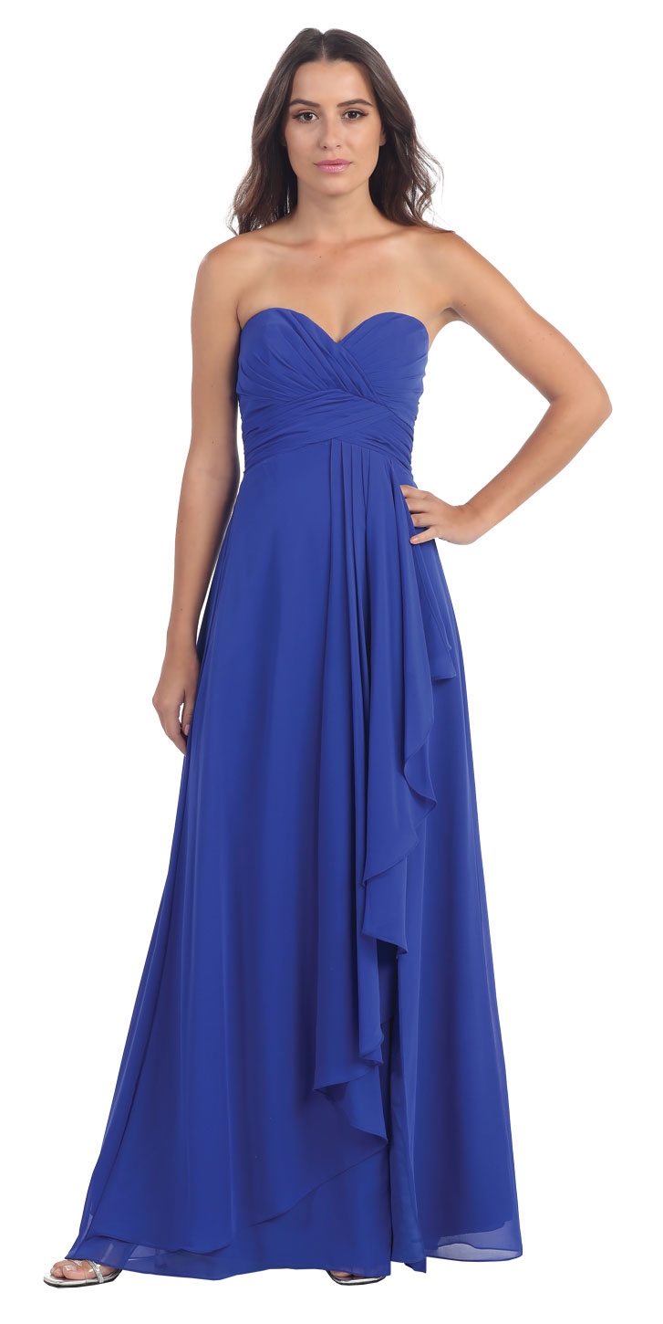 Strapless Pleated & Ruffled Long Bridesmaid Dress  — in Royal Blue
