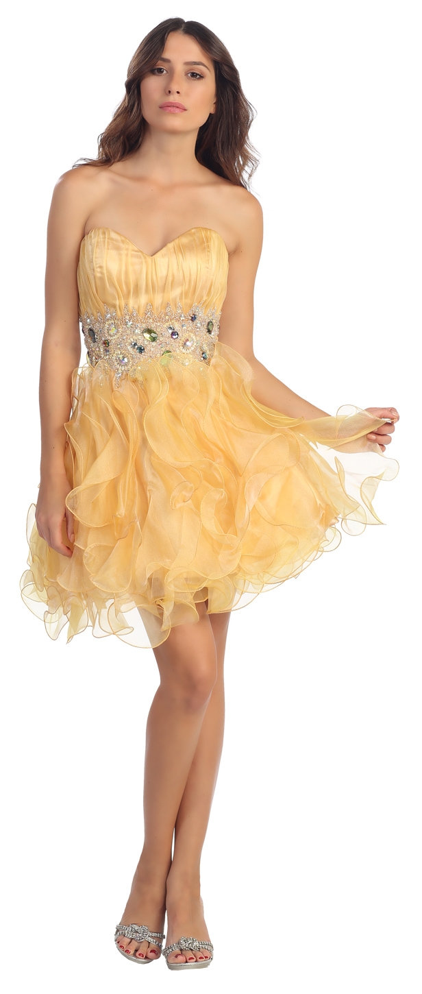 Strapless Rhinestone Waist Ruffled Short Party Prom Dress — in Gold