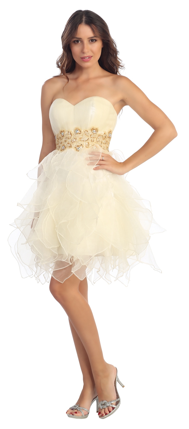 Strapless Layered Skirt Organza Short Party Dress — in Ivory