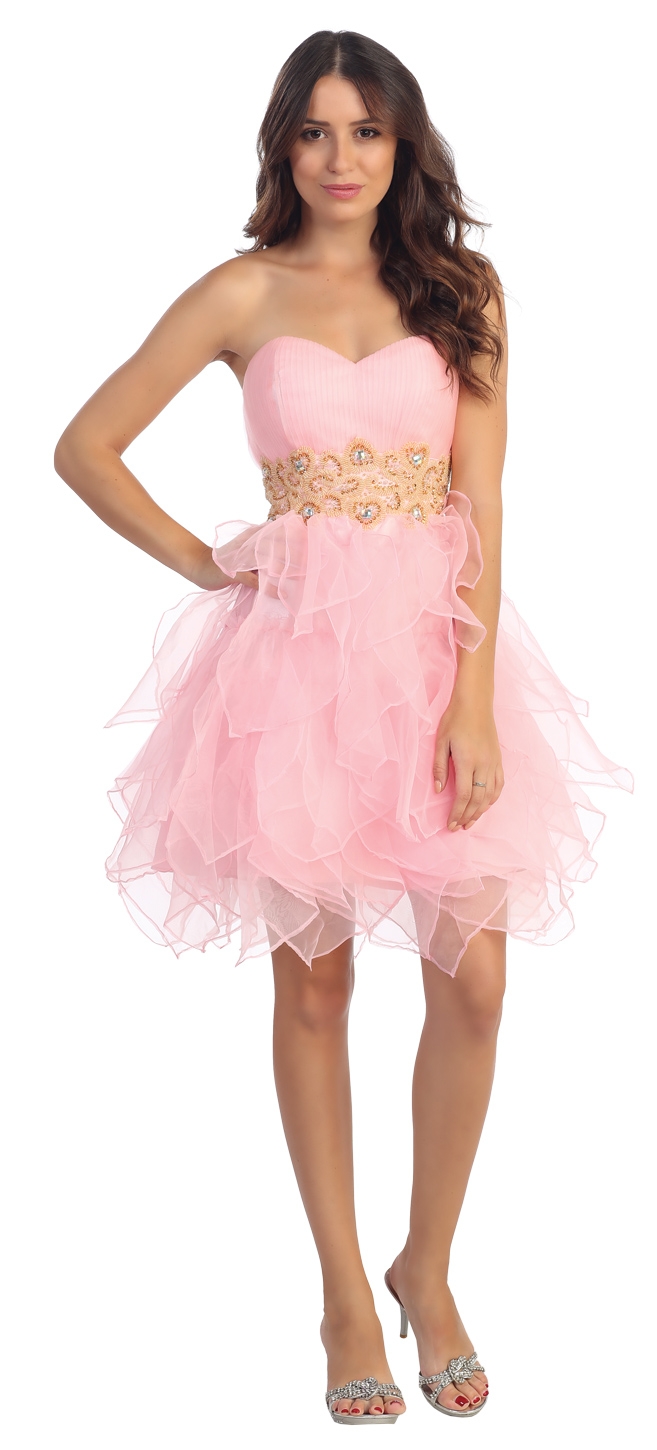 Strapless Layered Skirt Organza Short Party Dress — in Pink