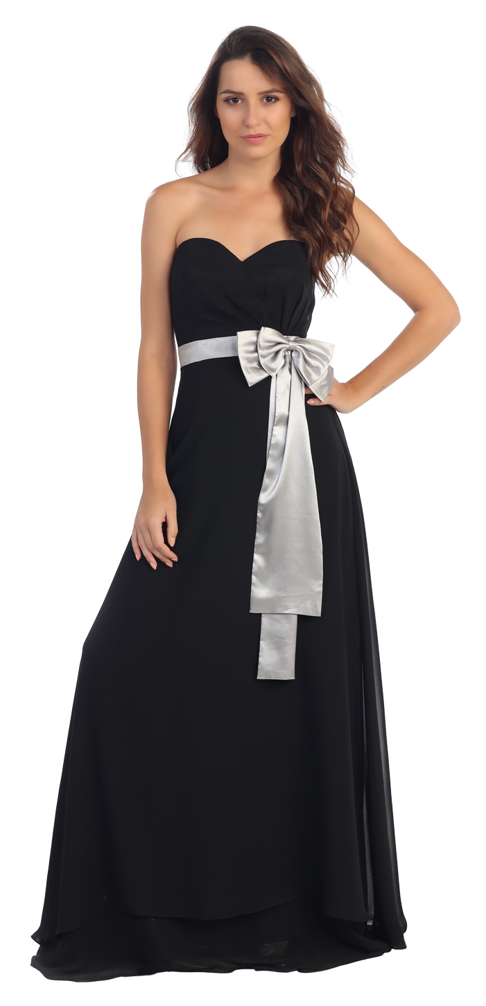 Strapless Bow Accent Long Formal Bridesmaid Dress — in Black