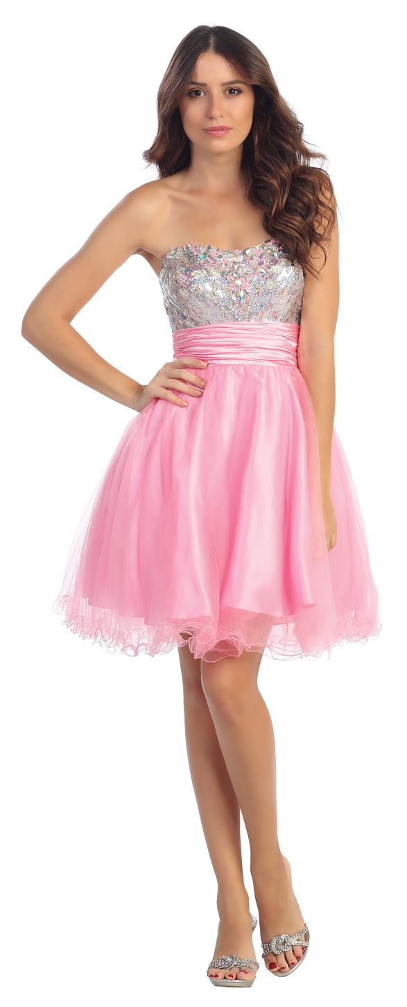 Strapless Sequins Bust Tulle Short Homecoming Party Dress