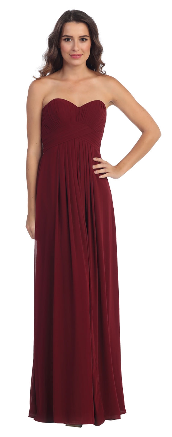 Strapless Pleated Bodice Long Formal Bridesmaid Dress — in Burgundy
