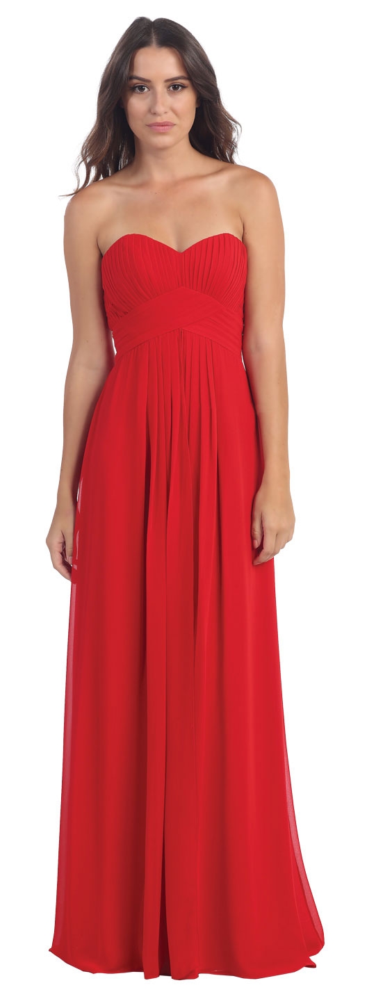 Strapless Pleated Bodice Long Formal Bridesmaid Dress — in Red