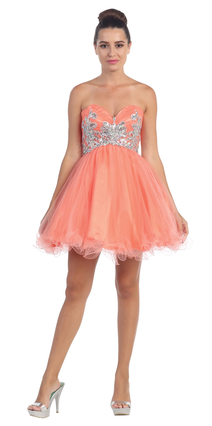 Strapless Floral Beaded Bust Short Tulle Party Dress