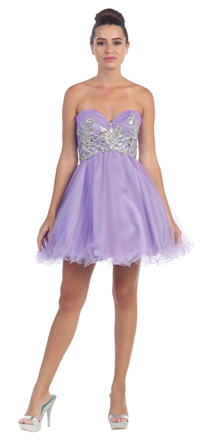 Strapless Floral Beaded Bust Short Tulle Party Dress — in Lilac