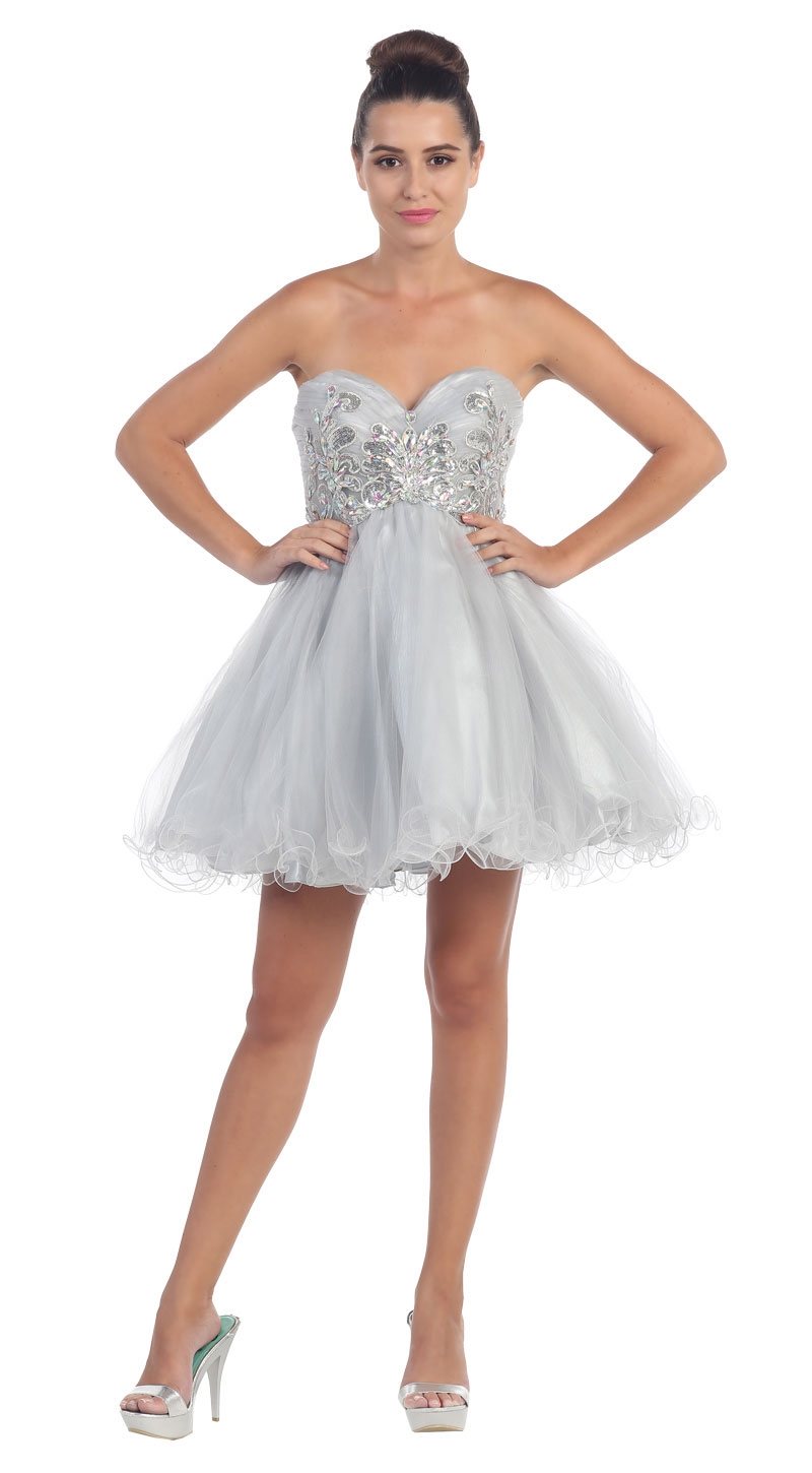 Strapless Floral Beaded Bust Short Tulle Party Dress — in Silver