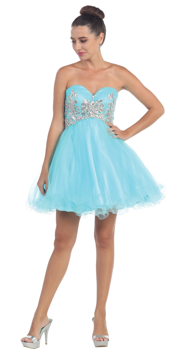 Strapless Floral Beaded Bust Short Tulle Party Dress — in Turquoise