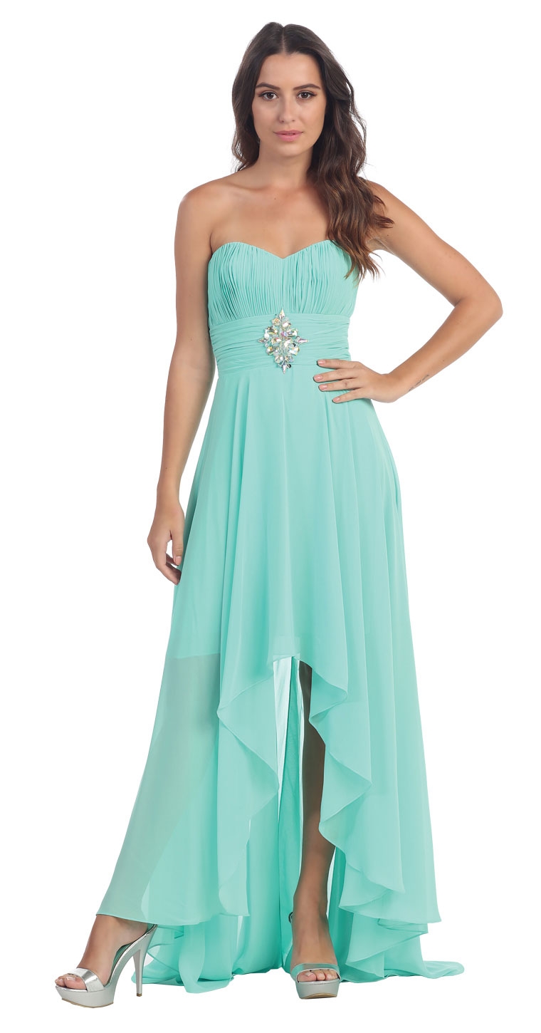 Strapless Rhinestones Waist Hi-Low Formal Party Dress  — in Mint