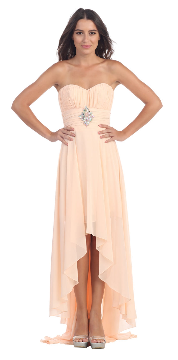Strapless Rhinestones Waist Hi-Low Formal Party Dress  — in Peach