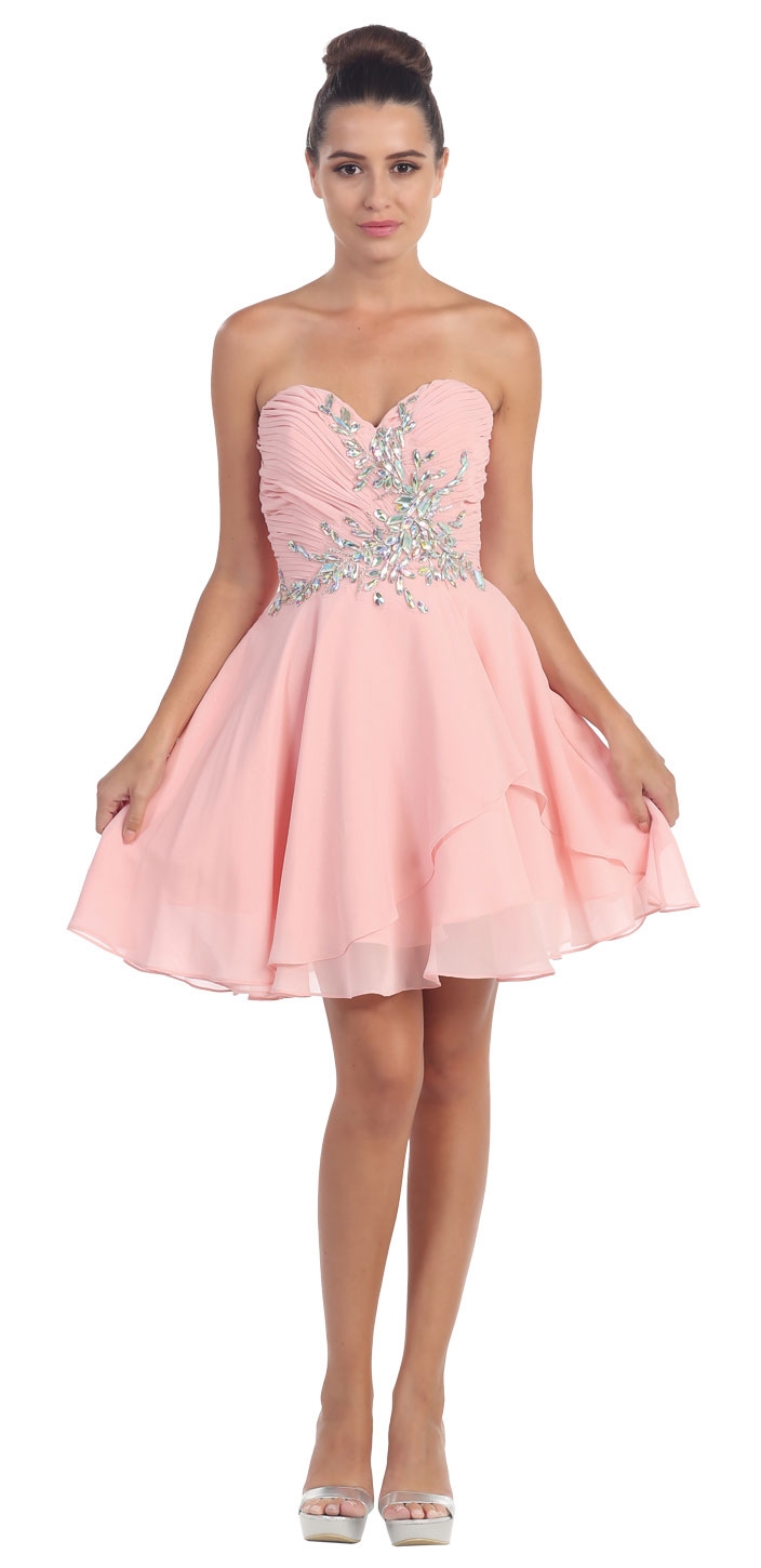 Strapless Shirred Beaded Bust Short Formal Prom Dress — in Blush