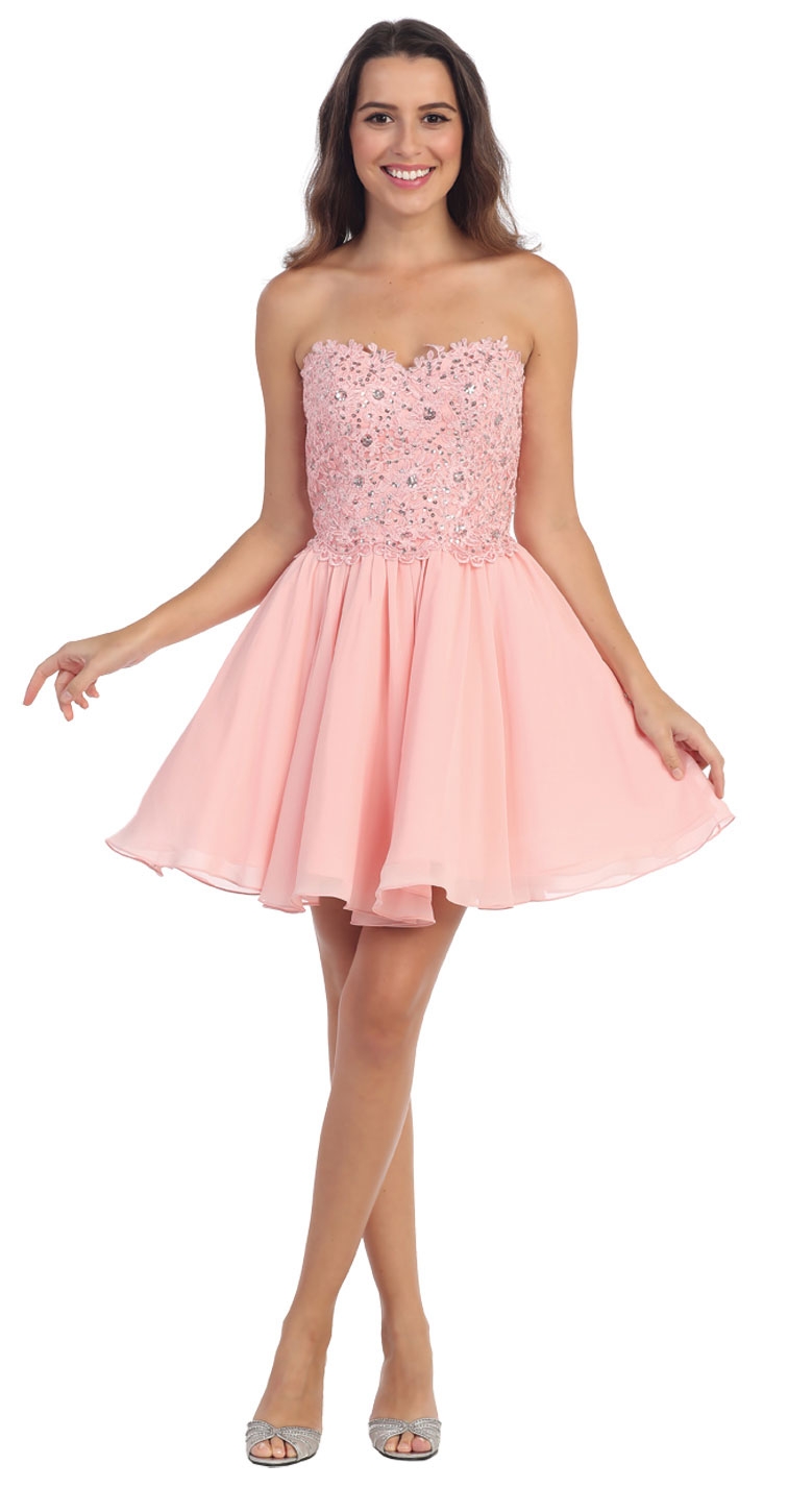 Strapless Lace & Beads Bodice Short Party Bridesmaid Dress — in Blush