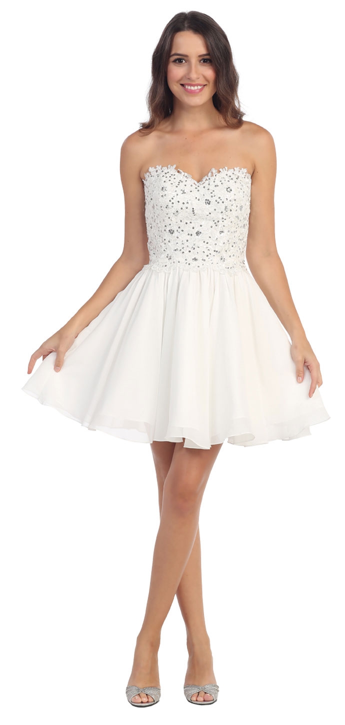 Strapless Lace & Beads Bodice Short Party Bridesmaid Dress — in Ivory