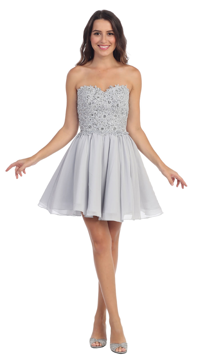Strapless Lace & Beads Bodice Short Party Bridesmaid Dress — in Silver