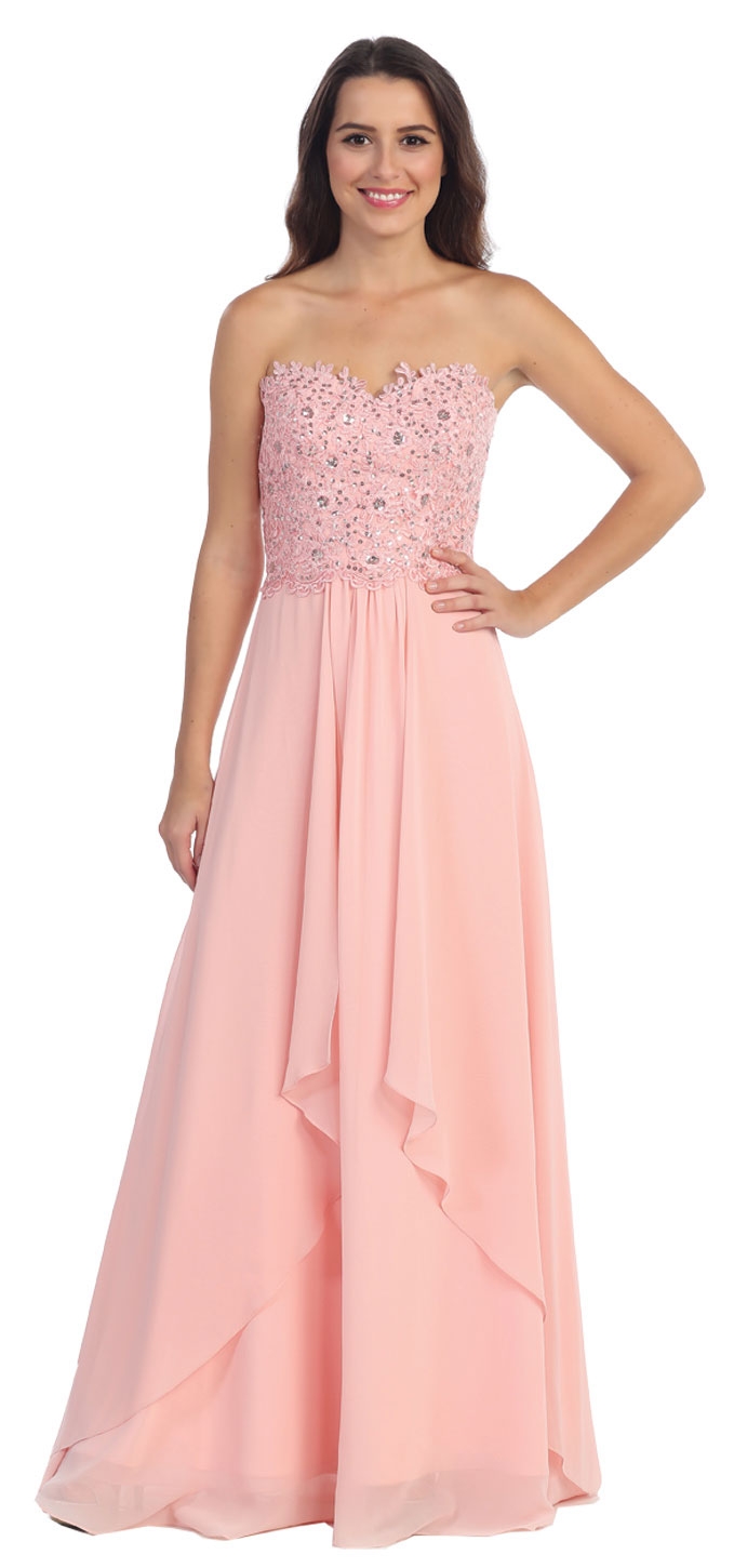 Strapless Lace Beaded Bodice Long Formal Bridesmaid Dress
