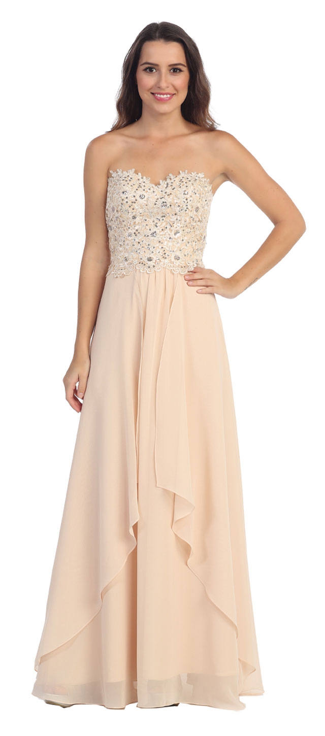 Strapless Lace Beaded Bodice Long Formal Bridesmaid Dress — in Champaign