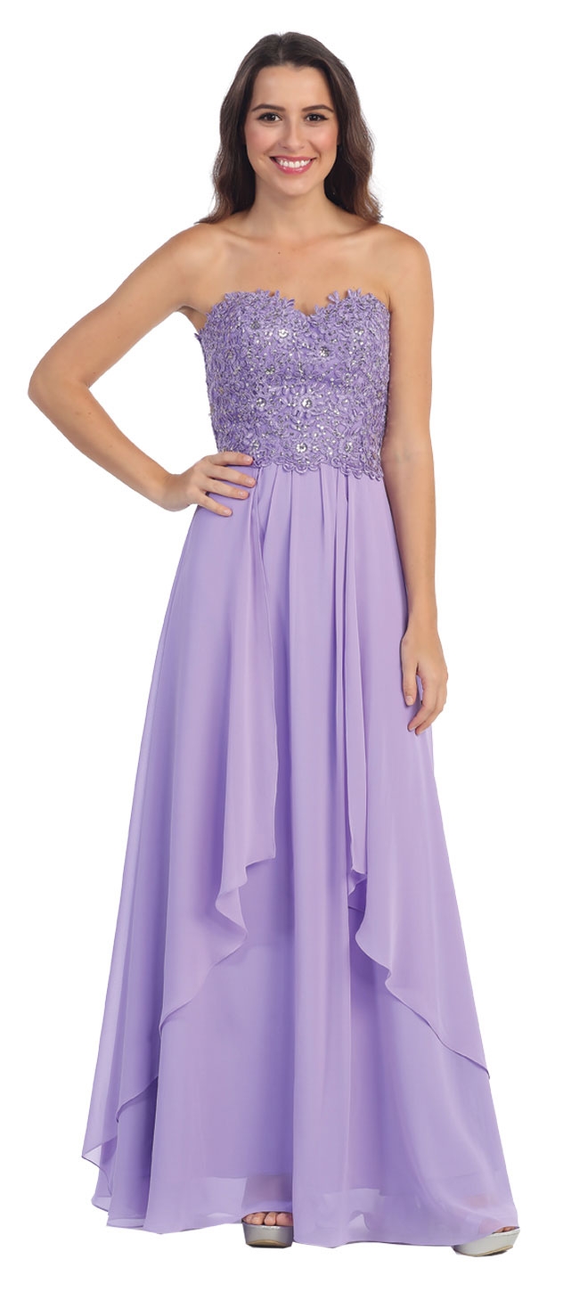 Strapless Lace Beaded Bodice Long Formal Bridesmaid Dress — in Lilac