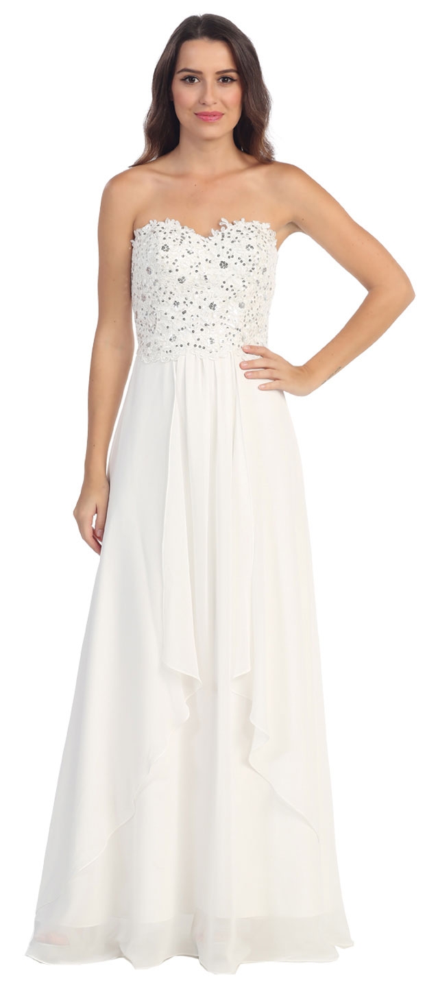 Strapless Lace Beaded Bodice Long Formal Bridesmaid Dress — in Off White