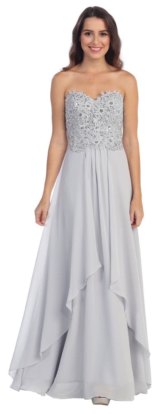 Strapless Lace Beaded Bodice Long Formal Bridesmaid Dress — in Silver