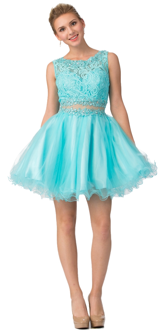 Beaded Lace Bust Mesh Babydoll Skirt Short Dress — in an alternative image