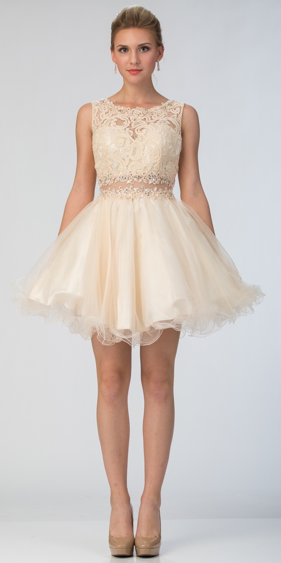 Beaded Lace Bust Mesh Babydoll Skirt Short Dress — in Gold