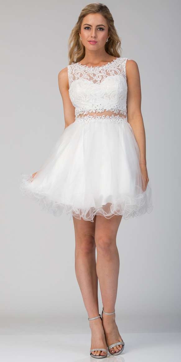 Beaded Lace Bust Mesh Babydoll Skirt Short Dress — in Off White