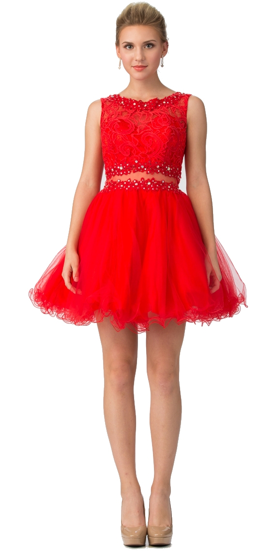 Beaded Lace Bust Mesh Babydoll Skirt Short Dress — in Red