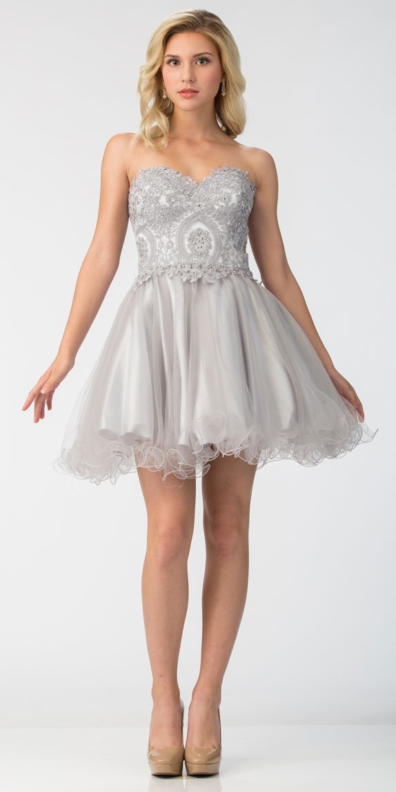 Strapless Beaded Lace Top Tulle Short Homecoming Dress