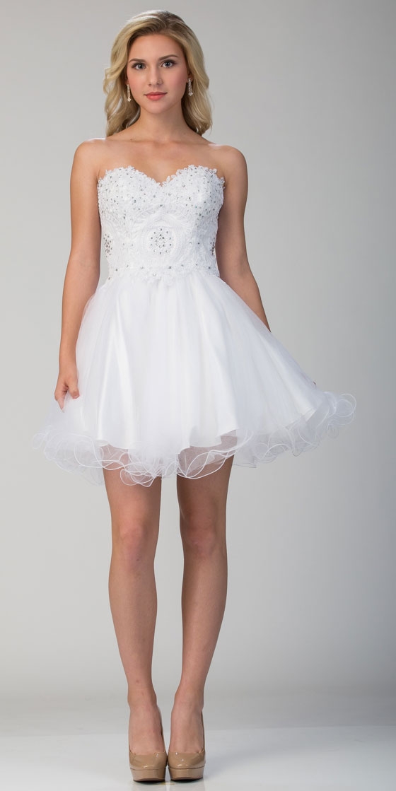 Strapless Beaded Lace Top Tulle Short Homecoming Dress — in White