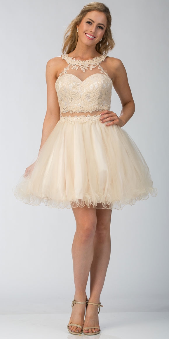 Lace High Neck Top Sheer Waist Babydoll Homecoming Dress