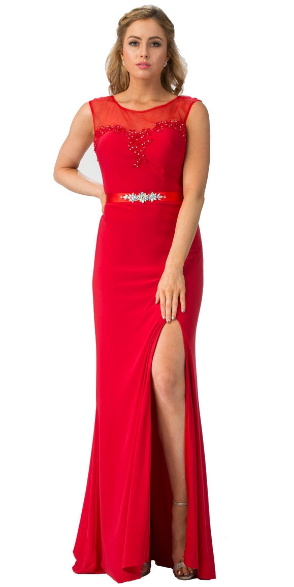 Round Neck Bejeweled Waist Long Formal Bridesmaid Dress