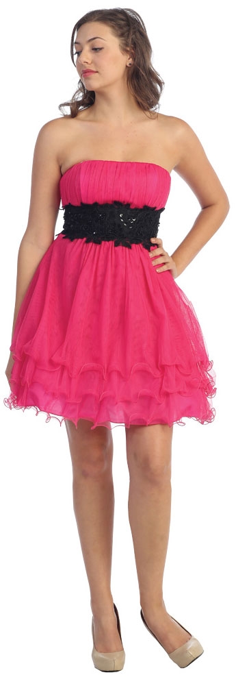 Strapless Mesh Short Prom Dress with Tiered Ruffled Skirt — in Fuchsia/Black