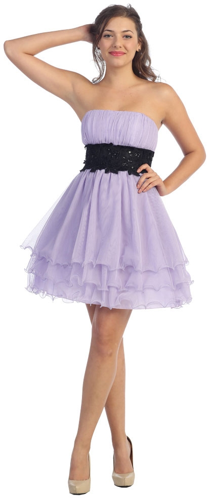 Strapless Mesh Short Prom Dress with Tiered Ruffled Skirt — in Lilac/Black