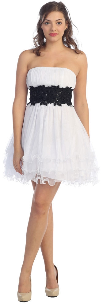 Strapless Mesh Short Prom Dress with Tiered Ruffled Skirt — in White/Black