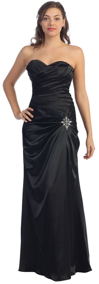 Strapless Pleated Long Bridesmaid Dress with Brooch Accent