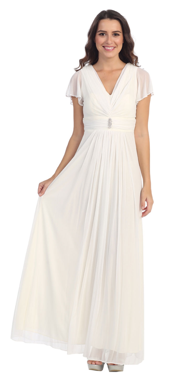 V-Neck Ruffled Sleeves Long Formal Mother of the Bride Dress — in Ivory