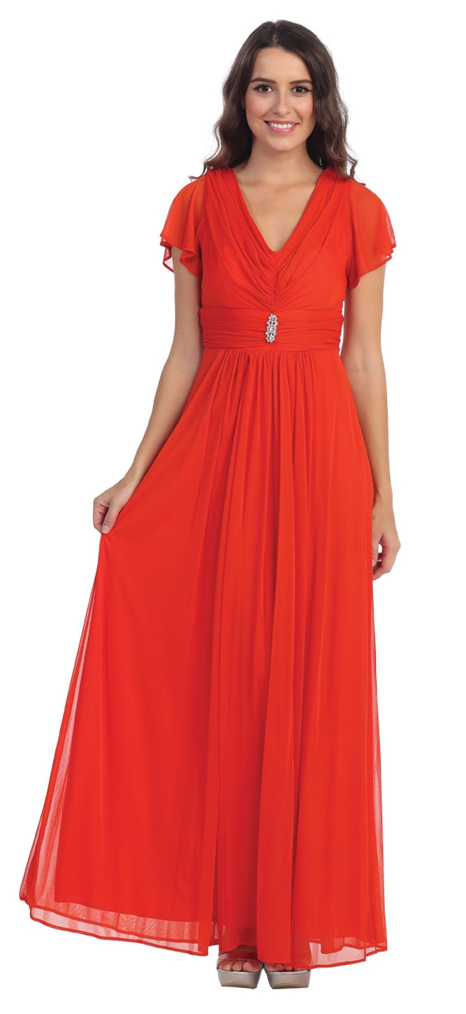 V-Neck Ruffled Sleeves Long Formal Mother of the Bride Dress
