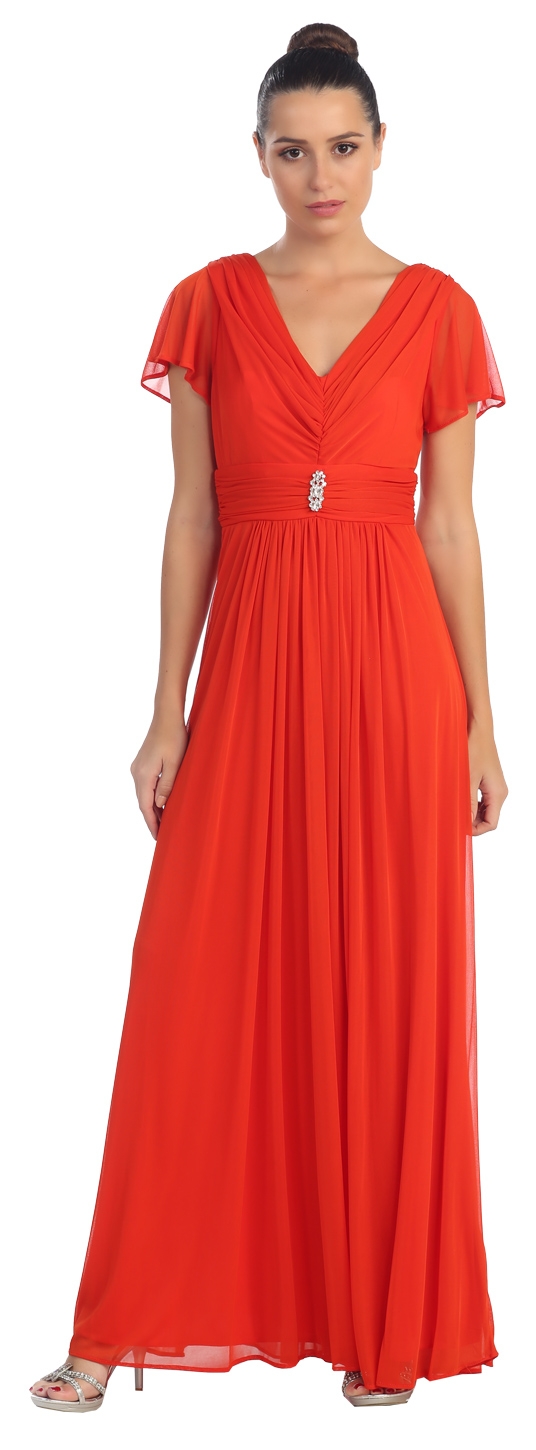 V-Neck Ruffled Sleeves Long Formal Mother of the Bride Dress — in Red