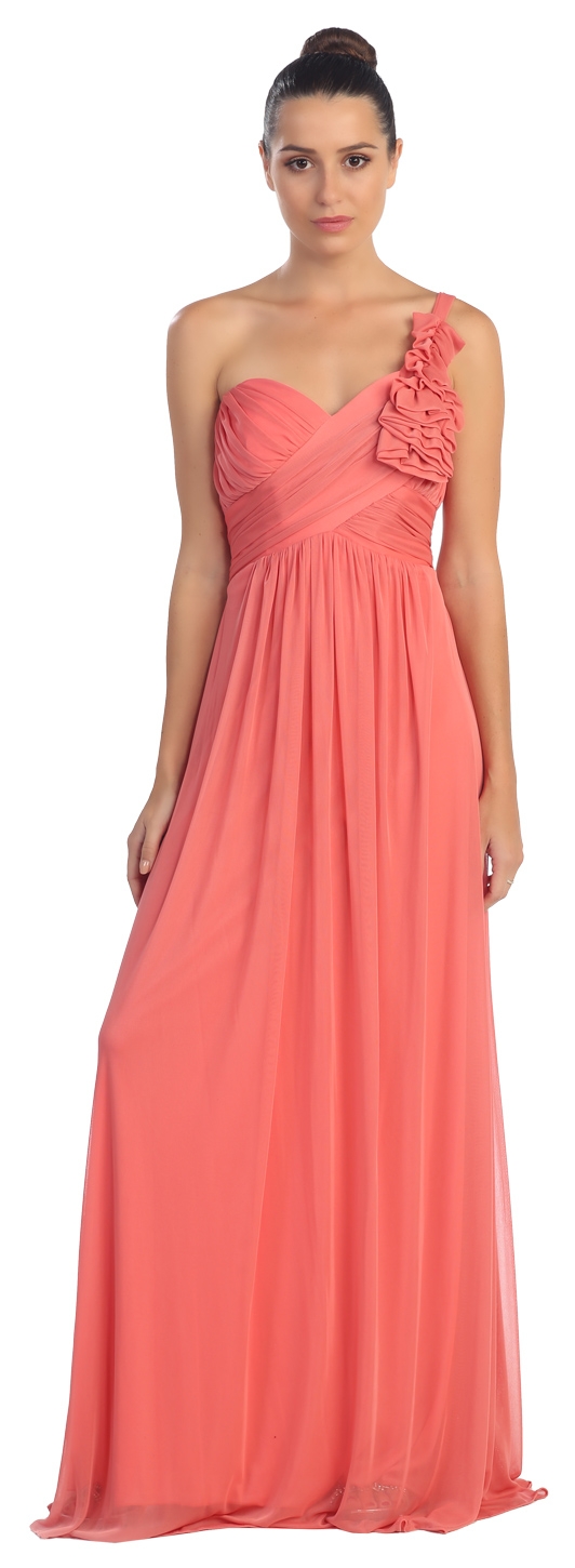 One Shoulder Ruched Bust Long Formal Bridesmaid Dress — in Coral