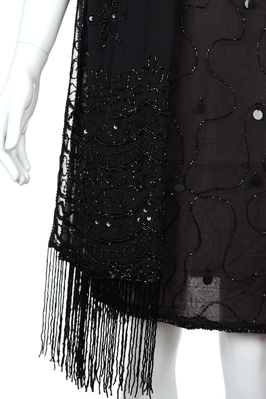 Black Sequin Beaded Shawl with Hanging Beads — in closeup