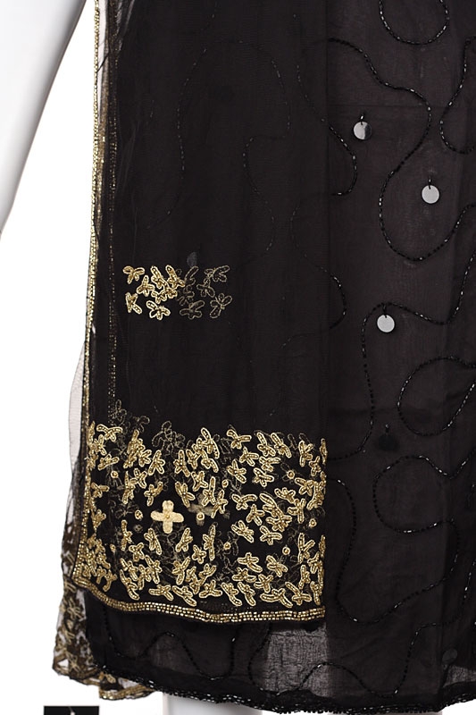 Gold Leaf Print Beaded Scarf — in closeup
