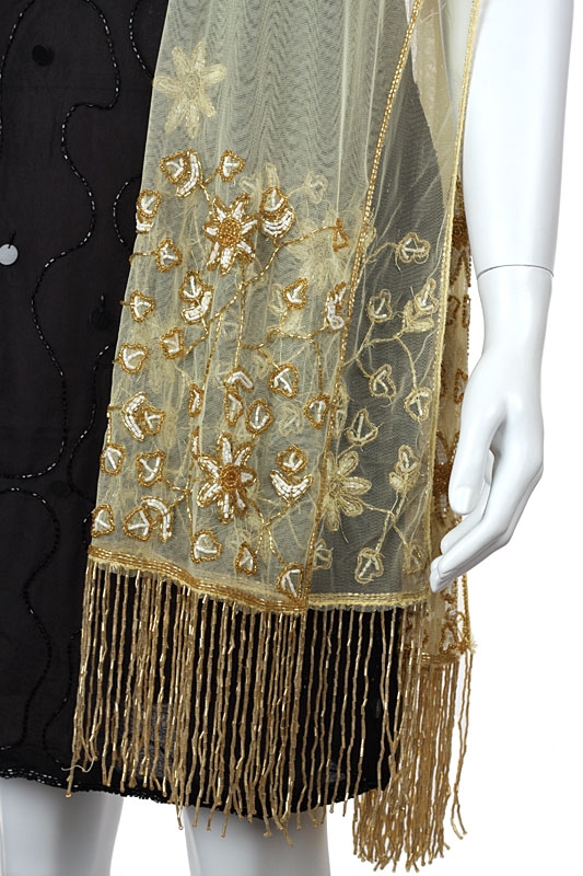Gold Hand Beaded Shawl — in closeup