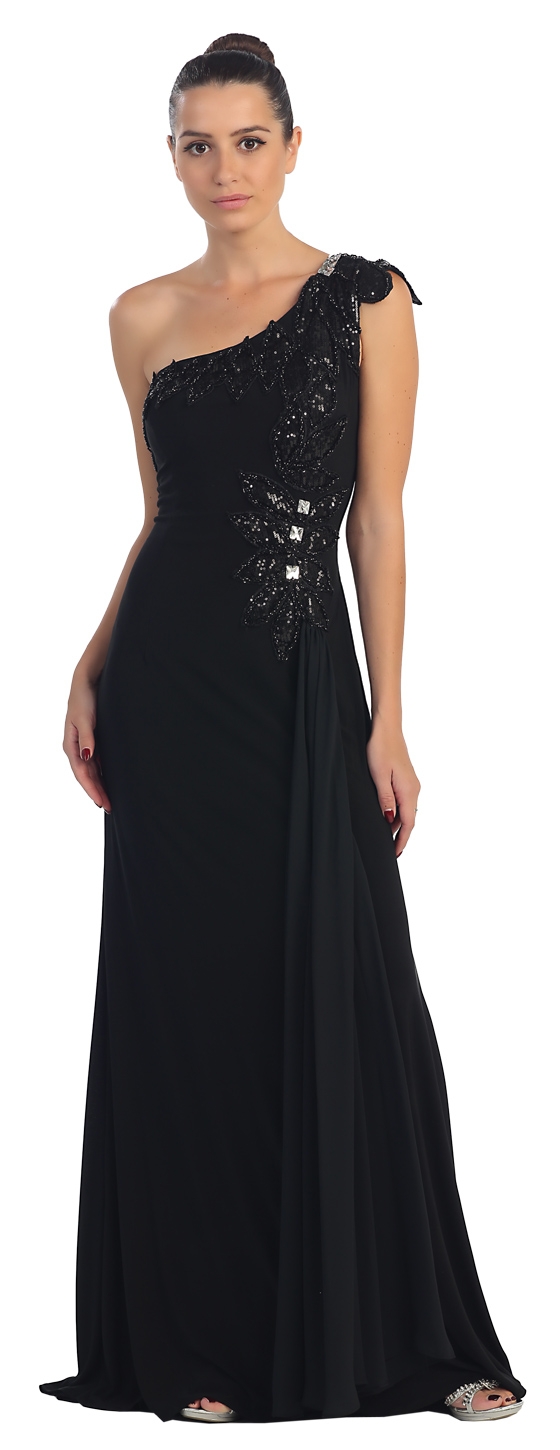 One Shoulder Sequined Leaves Floor Length Formal Prom Dress