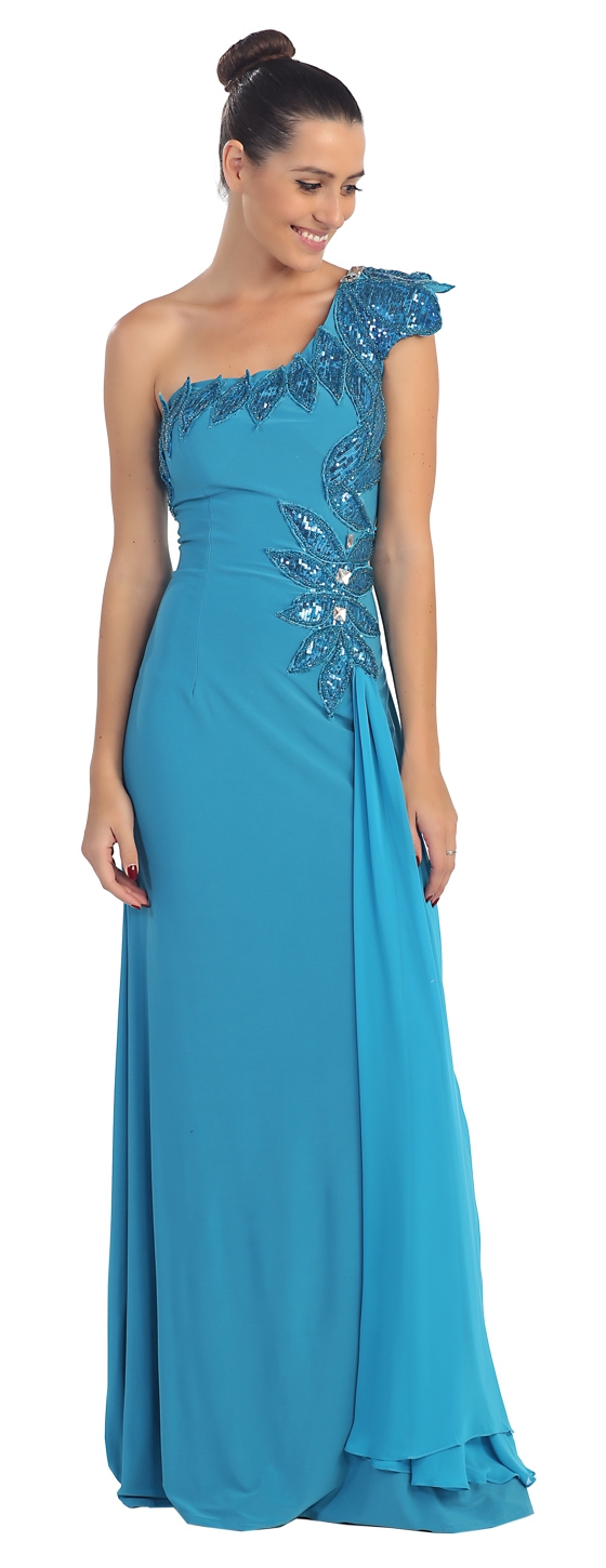 One Shoulder Sequined Leaves Floor Length Formal Prom Dress — in Turquoise