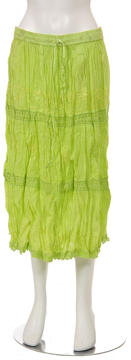 Knee Length Crinkled Lime Green Skirt