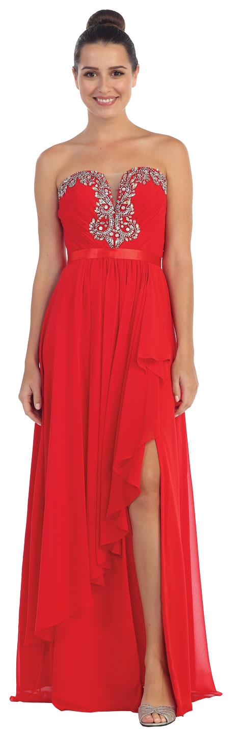 Strapless Ruffled Overlay Beaded Long Formal Evening Dress — in Red